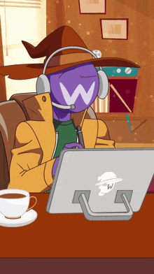 a cartoon character wearing headphones and a hat with a letter w on it