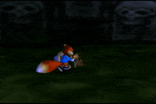 a cartoon character in a blue shirt is walking through a dark room