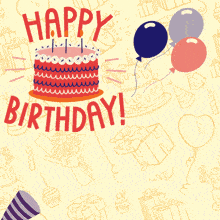 a birthday card with a cake and balloons and says happy birthday