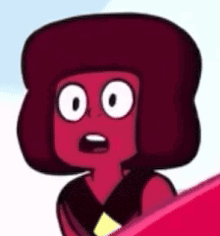 a close up of a cartoon character with a big red hat and big eyes .