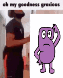 a man with a beard is standing next to a cartoon character with a purple face .