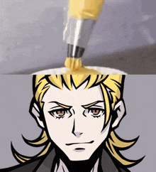 a drawing of a man 's face with yellow hair and red eyes
