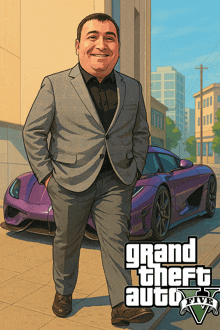 a man in a suit is standing in front of a purple car in grand theft auto 5