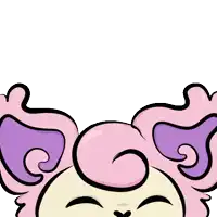 a cartoon drawing of a cat with purple ears and a pink flower on its head