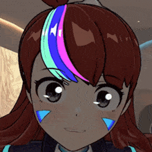 a close up of a girl 's face with a blue and pink stripe on her hair