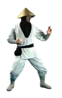 a man wearing a conical hat and a white outfit