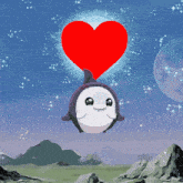 a cartoon dolphin is flying in the air with a red heart above its head