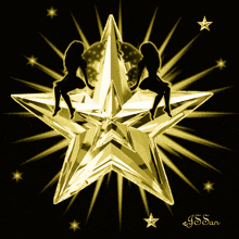 a black and white illustration of two women sitting on a star with the name j.s.san below them