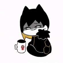 a black and white cartoon character is holding a coffee mug .