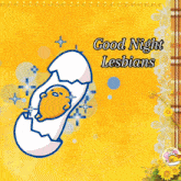 a greeting card says good night lesbians with a cartoon character playing a guitar