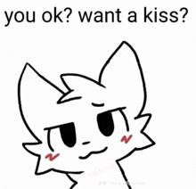 a black and white drawing of a cat with the words " you ok ? want a kiss ? "