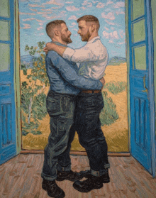 a painting of two men hugging each other in front of a blue door