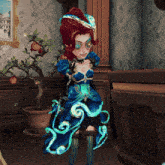 a cartoon character in a blue dress is standing in a room with a potted plant