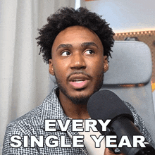 a man talking into a microphone with the words every single year behind him