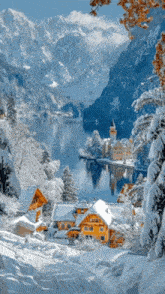 a snowy mountain landscape with a lake and houses in the foreground