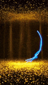 a blue light is coming out of the ground in a dark room surrounded by gold glitter .