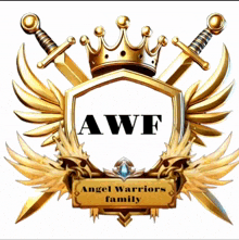 a logo for the angel warriors family has a crown and swords