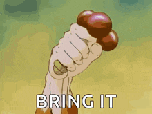 a cartoon tiger is holding a bunch of grapes with the words bring it below it