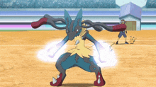 a cartoon of a pokemon fighting another pokemon in a field