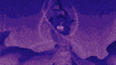 a person is standing in a dark room with a purple background and a purple light coming out of them .