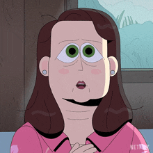 a cartoon drawing of a woman with big green eyes and a netflix logo