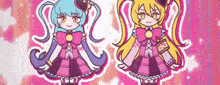 two anime girls are standing next to each other on a pink background ..