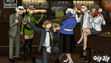a group of monkeys are dancing in a bar with a sign that says irish amber
