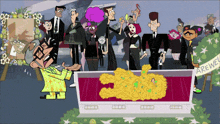 a group of cartoon characters are gathered around a coffin with a sign that says farewell