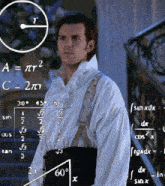 a man in a white shirt is standing in front of a white board with math equations on it