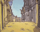 a cartoon drawing of a narrow street lined with buildings and flags .
