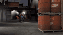 a stack of barrels with one that says biohazard