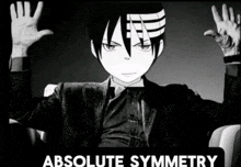 a black and white photo of a man in a suit with the words absolute symmetry above him