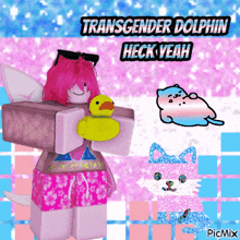 a picture of a transgender dolphin holding a yellow duck