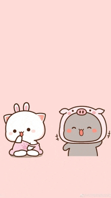 a cat and a pig are sitting next to each other on a pink background . the cat is wearing a pig hat .