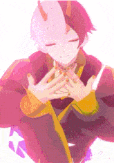 a cartoon character with horns on his head is kneeling down with his eyes closed