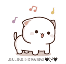 a cartoon cat is dancing with music notes around it and says all da rhymez .