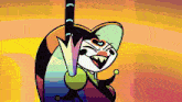a cartoon character is holding a sword with a rainbow background