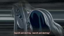 a blurred image of a woman with the words search and destroy on the bottom