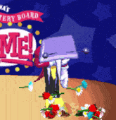 a cartoon character is standing in front of a sign that says lottery board