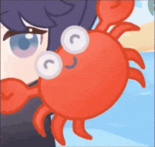 a cartoon character is holding a red crab with a smile on its face .