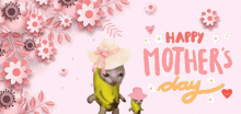 a happy mother 's day greeting card with flowers and a cat