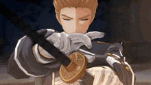 a man is holding a sword with his eyes closed in a cartoon