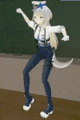 a 3d anime girl is dancing in a classroom in front of a blackboard .