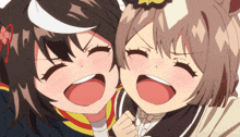 two anime girls with their mouths open are laughing