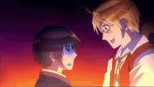 two anime characters are looking at each other with one having a sad look on his face