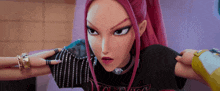 a cartoon girl with pink hair is wearing a choker and bracelets .