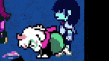 a pixel art of a person riding on the back of a sheep .