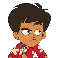 a boy in a red shirt is holding a fork in his hand