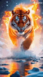 a tiger is jumping over a river with flames coming out of its mouth .