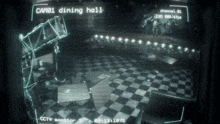 a black and white image of a dining hall with the words cam01 dining hall on the top